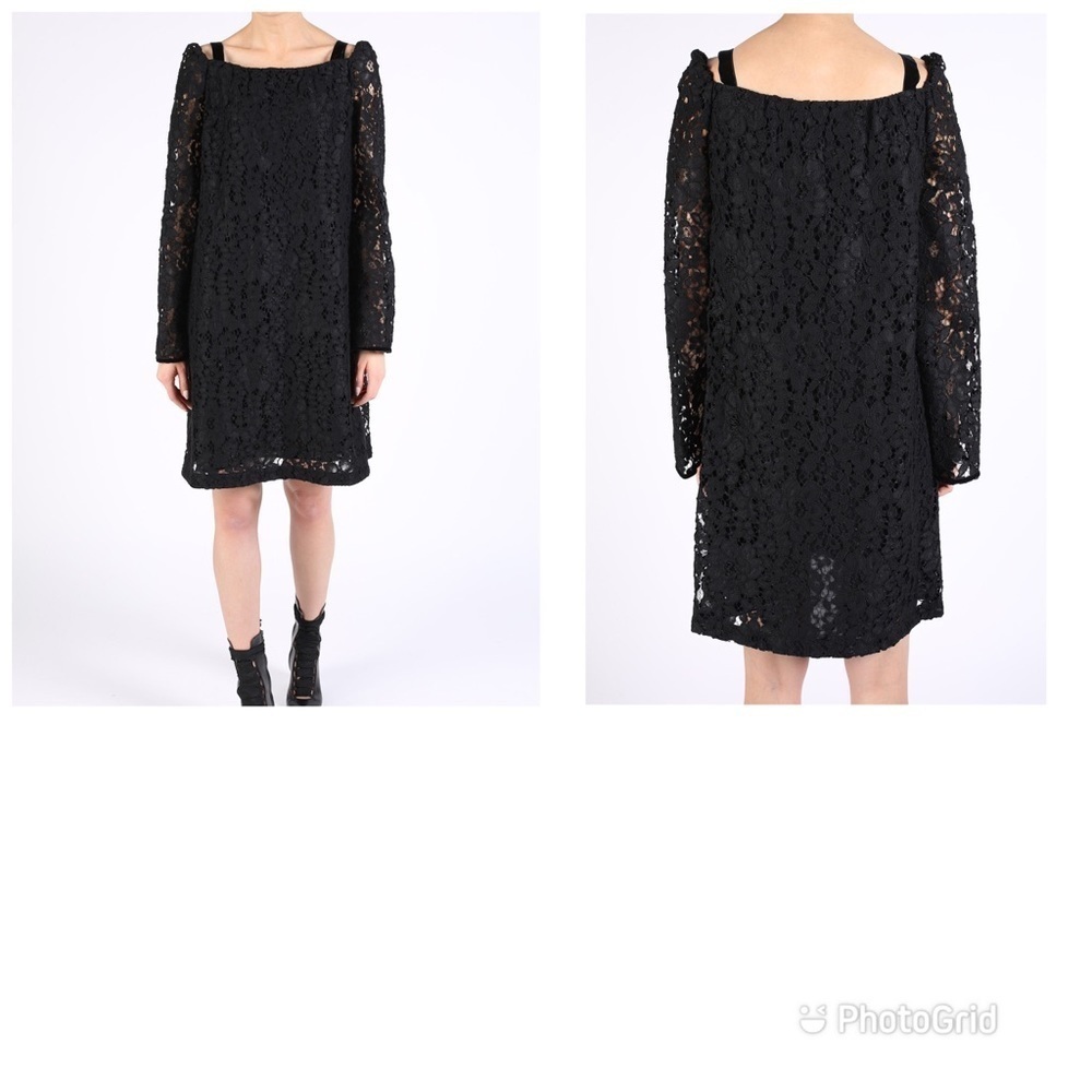 See by Chloé Oversized Black Lace Dress Long Sleeve Mini Floral Sz 38